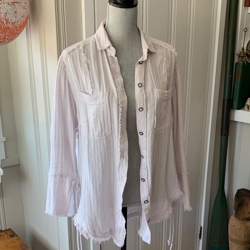 Free People Off White Natural Cotton Linen Gauze Blouse bell sleeve frayed